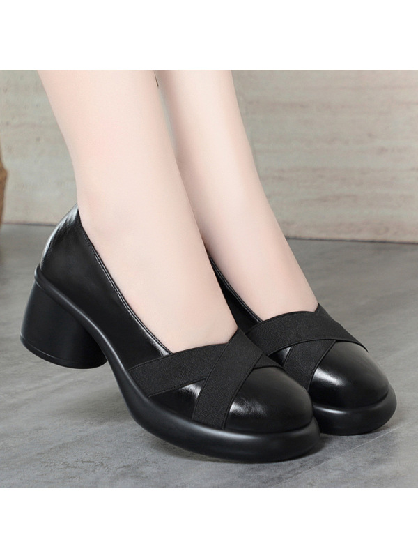 复古圆头高跟鞋交叉带气质玛丽珍鞋女浅口赫本风粗跟单鞋