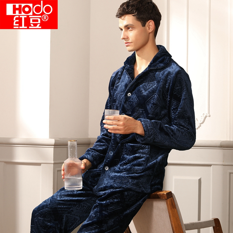 红豆居家法兰绒保暖翻领简约男士居家服睡衣套装