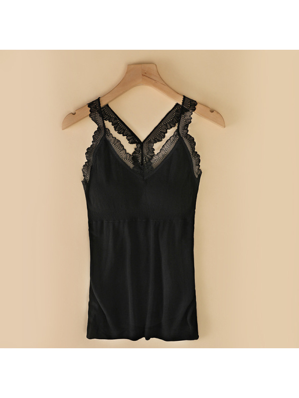 保暖背心女士 美背蕾丝性感v领吊带毛圈绒纯色修身显瘦带胸垫打底