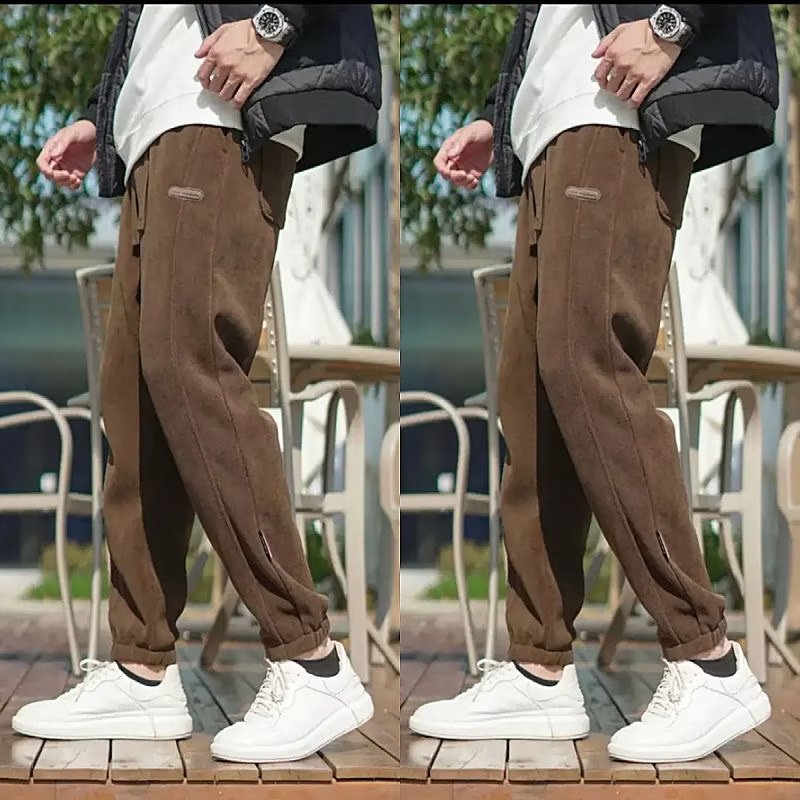 灯芯绒休闲裤秋冬季新款时尚潮流拼接青年个性哈伦小脚裤