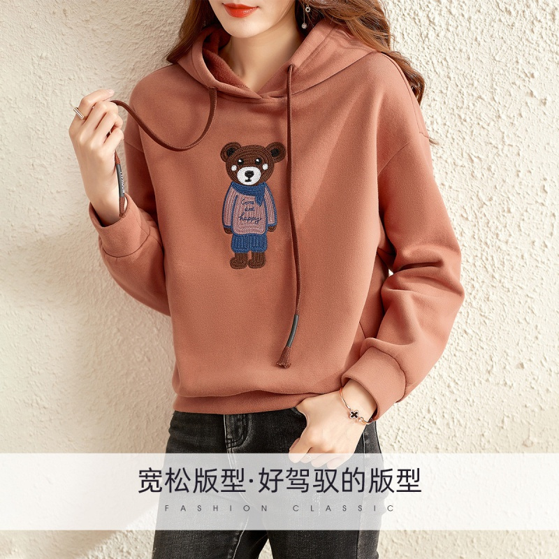 OUNIXUE欧昵雪 | [趣味小熊加绒上衣]冬季韩版连帽宽松休闲套头百搭女式卫衣