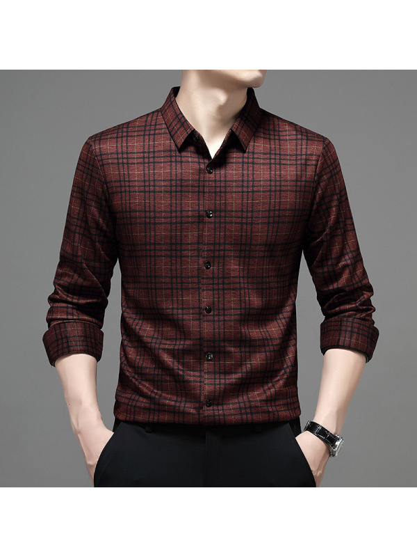 长袖衬衫春秋季开衫中年爸爸装商务休闲免烫格子衬衣服男