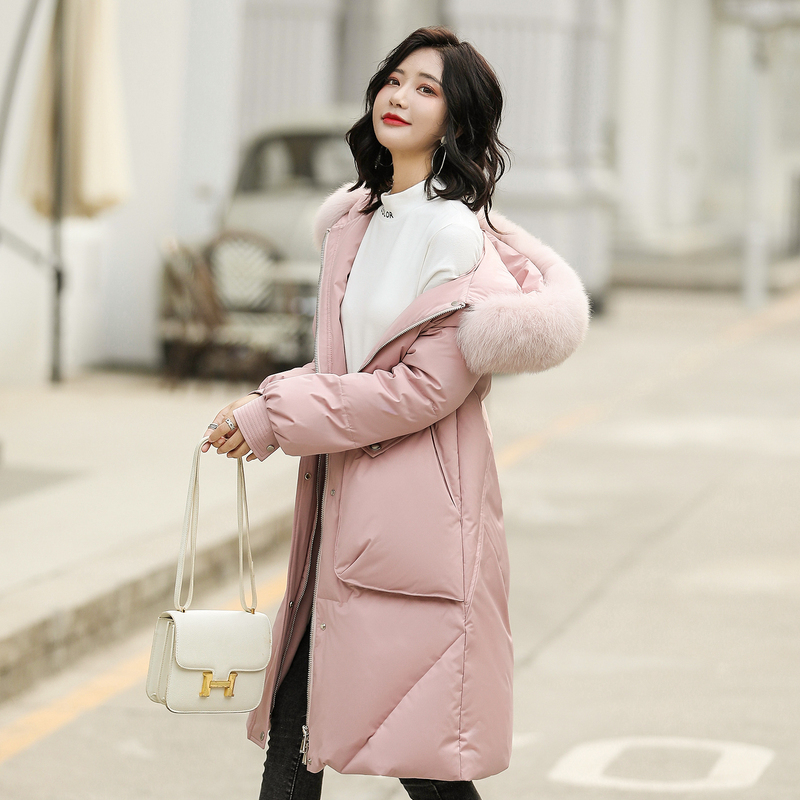高梵羽绒服女中长款2019新款时尚韩版百搭白鸭绒毛领冬季保暖外套
