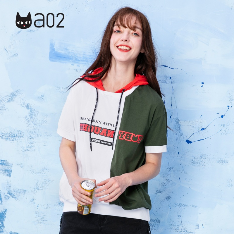 a02商场同款潮流印花bf撞色抽绳连帽卫衣T恤女D1T3D0051KT