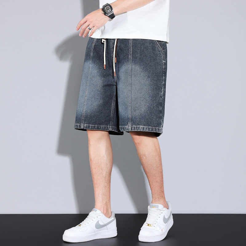 美式设计感抽绳牛仔短裤男士夏季薄款宽松潮牌男生五分休闲中裤子