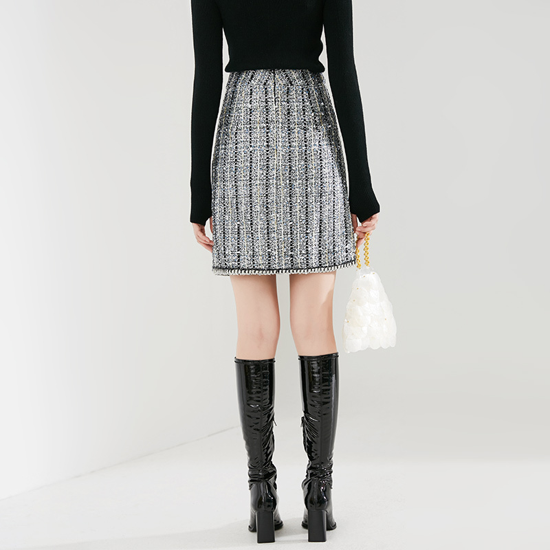 晚白2021春季新品时尚名媛淑女高腰百搭短裙小香风毛呢半身裙女