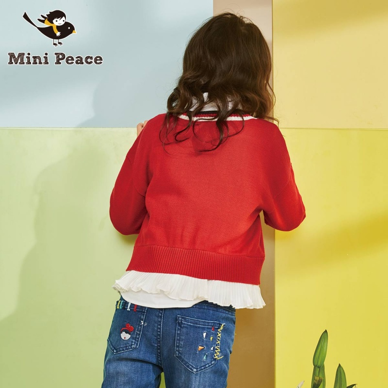 minipeace太平鸟童装女童针织衫百褶下摆时尚v领毛衣春装新款