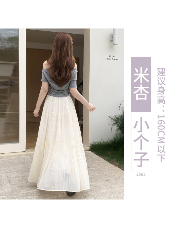 紫色雪纺半身裙2026新款夏季高腰宽松a字压褶小个子垂感蛋糕长裙
