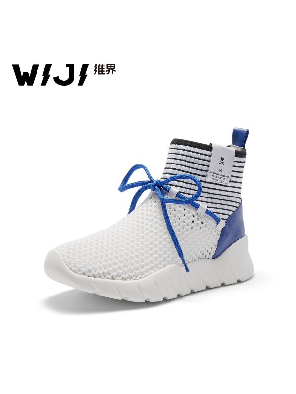 WIJI2018春季新款欧洲站休闲高帮系带平底运动鞋毛线白色厚底女鞋