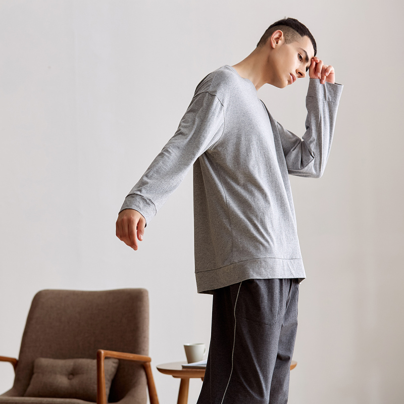 安之伴睡衣男早秋圆领套装针织家居服
