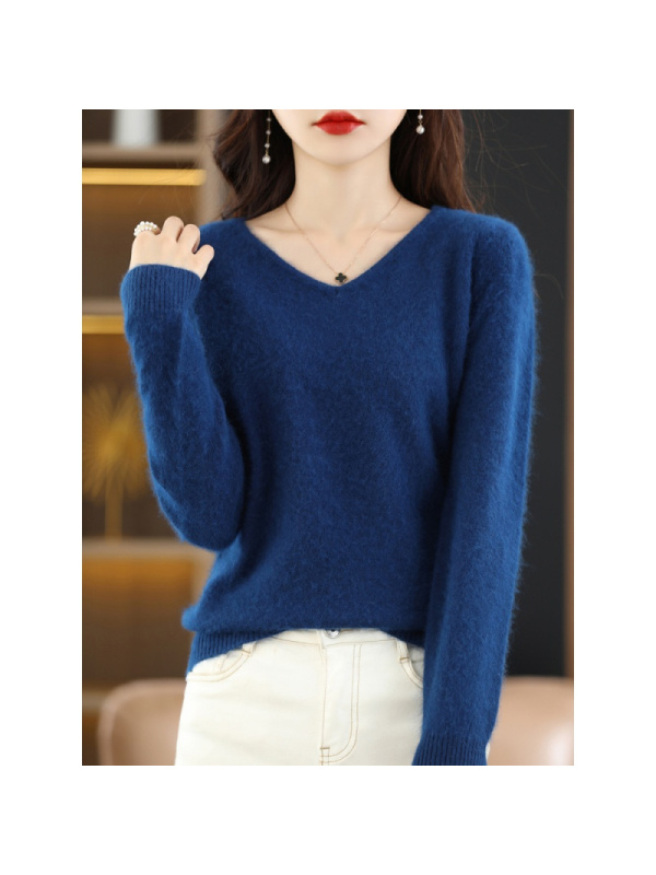貂绒毛衣女V领套头宽松打底衫秋冬季纯色短款长袖针织大码