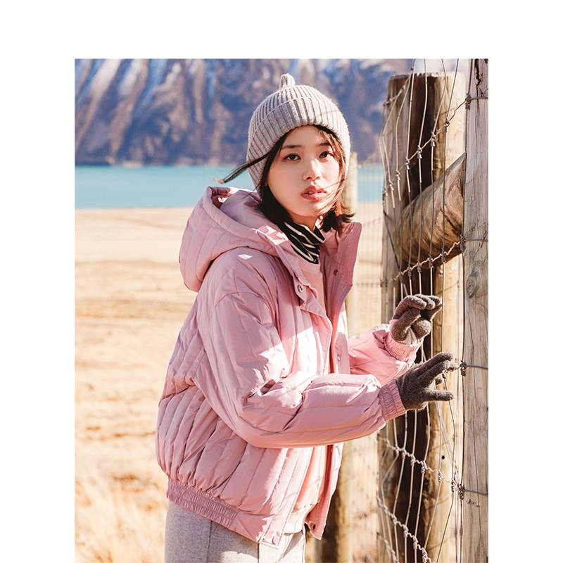 茵曼秋冬时尚减龄少女宽松保暖连帽粉色短款羽绒服女面包服外套潮