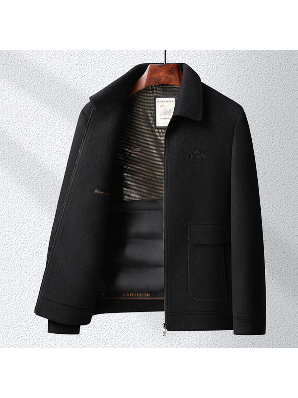 含桑蚕丝羊毛夹克纯色简约鸭绒脱卸内胆双面呢羊毛茄克男秋冬外套