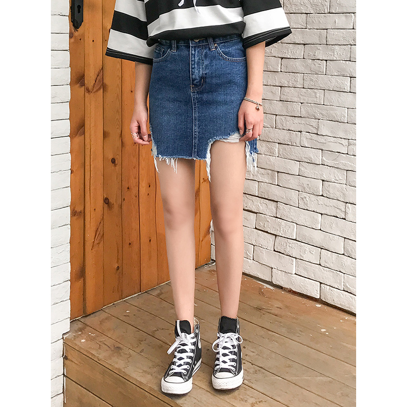 天淳尔女装夏季无弹不规则破洞流苏牛仔短裙2018YC-333