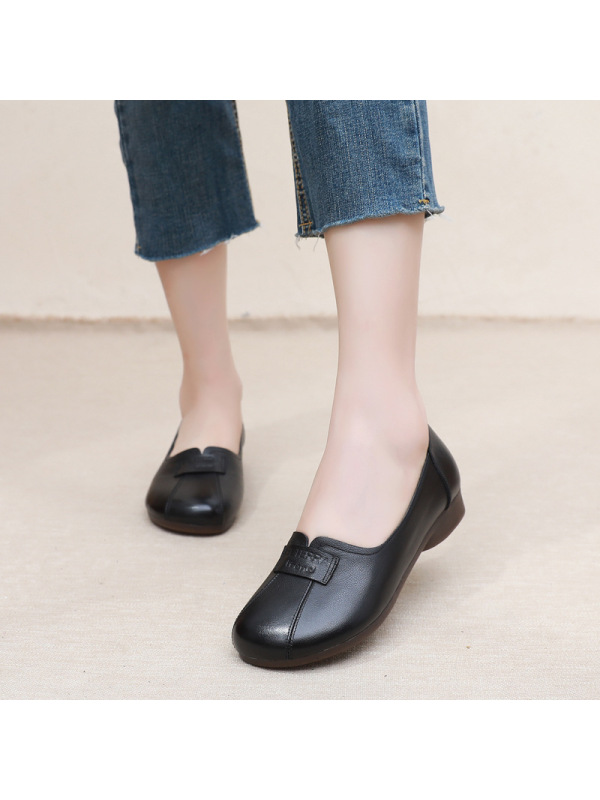 真皮乐福鞋2023秋季新款妈妈鞋圆头浅口平底大码软底单鞋