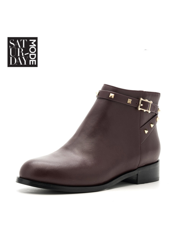 SATURDAYMODE牛皮革粗跟圆头休闲短靴MD64116218