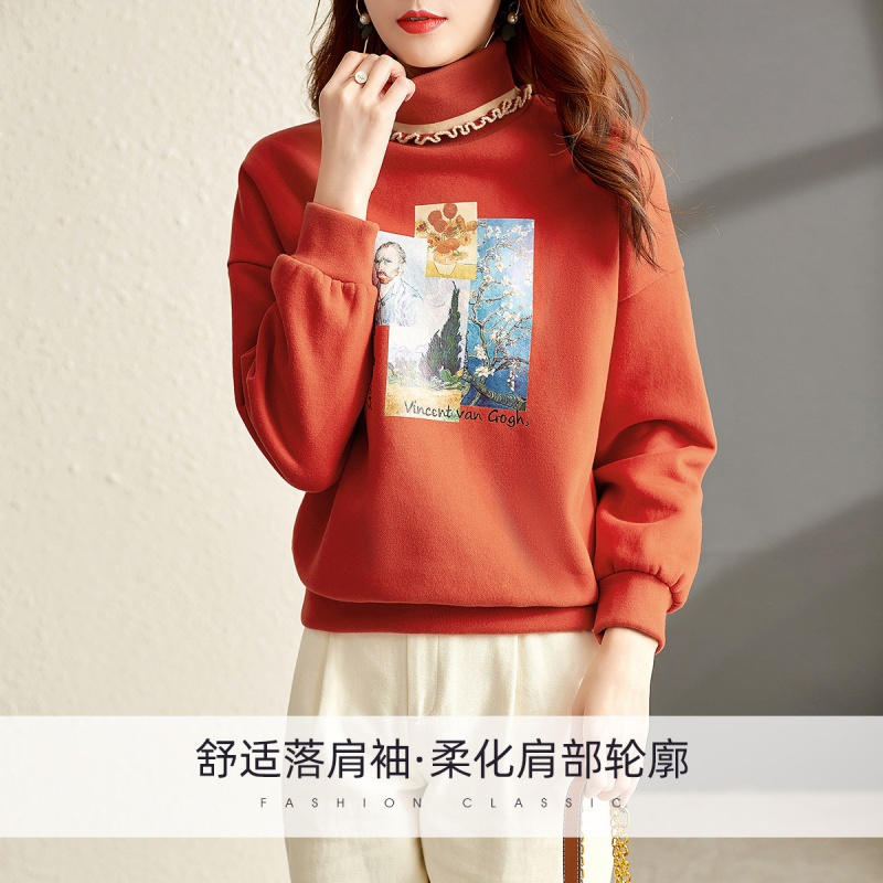 OUNIXUE欧昵雪 | [时尚抓绒上衣]冬季减龄木耳边半高领油画感烫图宽松卫衣女