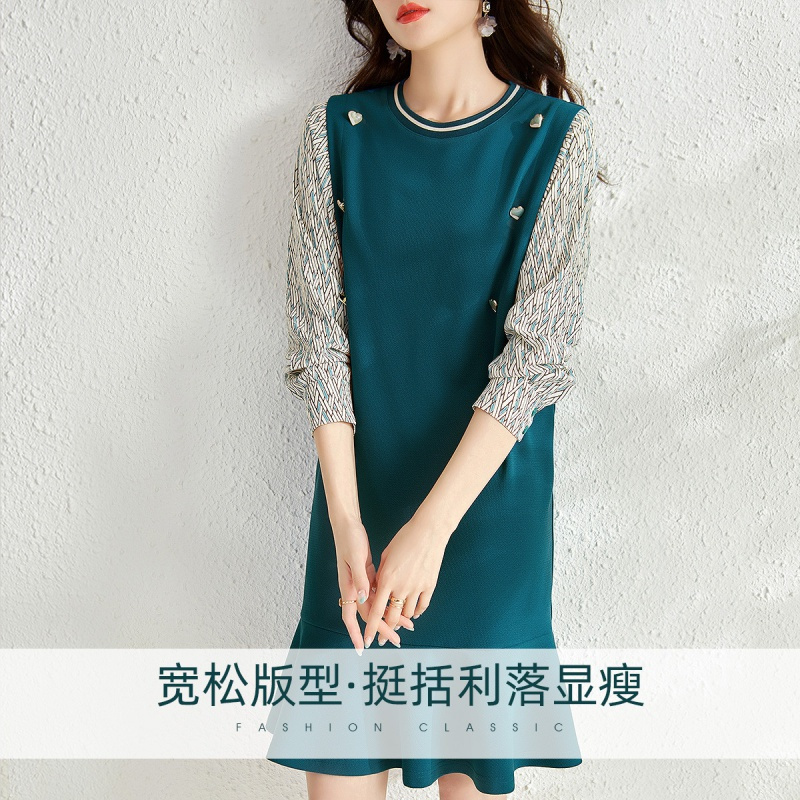 OUNIXUE欧昵雪 | [假两件拼接卫衣鱼尾裙]春季气质减龄罗纹圆领宽松连衣裙女