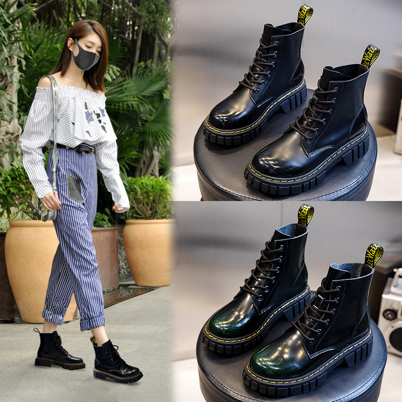 策霸马丁靴女2020新款秋款厚底英伦风女式短靴子女中筒复古真皮女鞋冬
