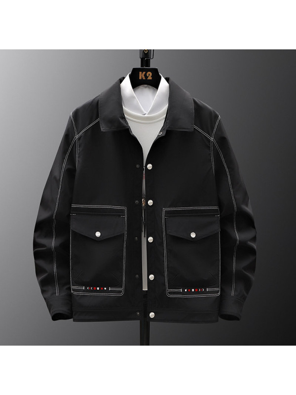 男装新款春秋季纯色翻领男夹克休闲青年痞帅工装上衣潮流男士外套