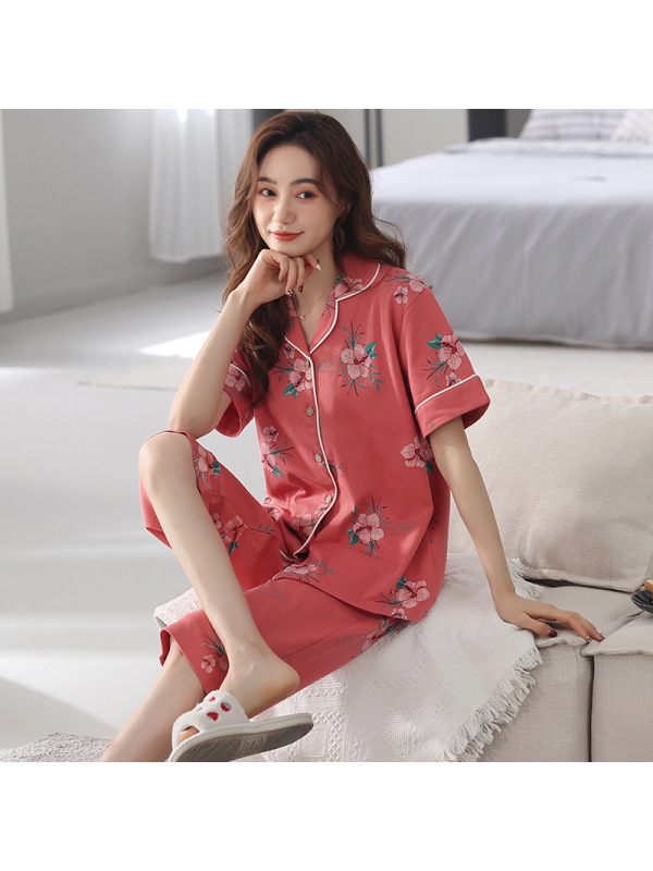睡衣女夏季短袖七分裤开衫棉质翻领宽松大码休闲家居服套装可外穿