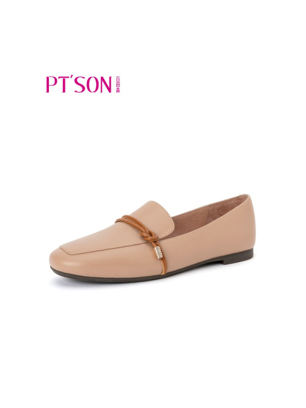 百田森乐福鞋女新款一脚蹬中口方头真皮平底休闲单鞋女