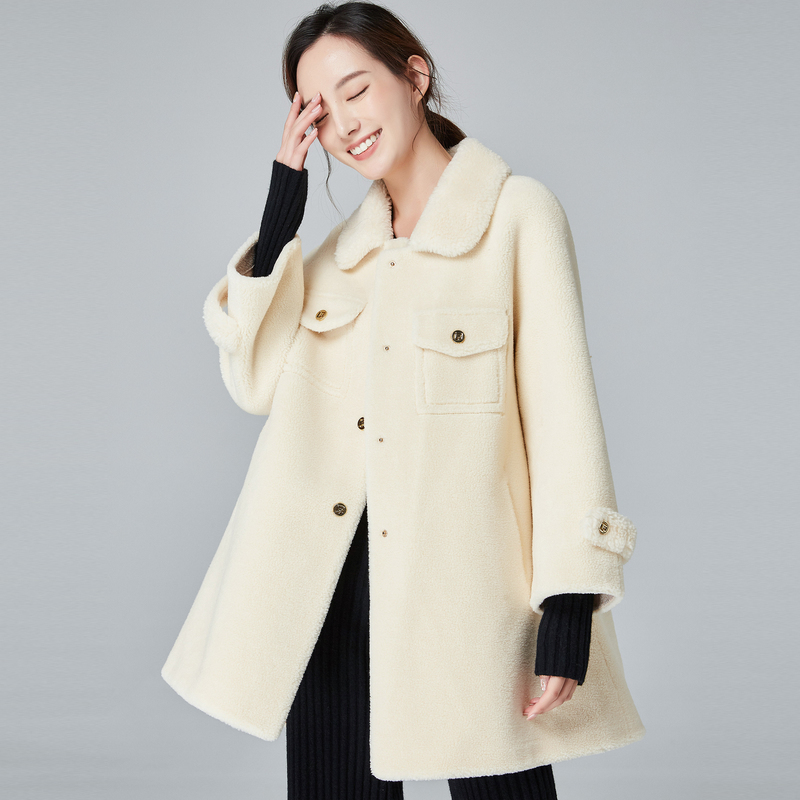 恒源祥翻领颗粒羊剪绒大衣女秋冬中长款a字显瘦仿皮外套含羊毛