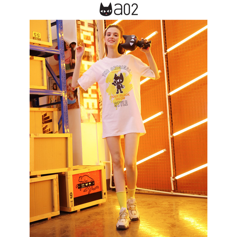 a02新款2020休闲运动卡通印花宽松直筒长款T恤女潮DTV2D0281KT