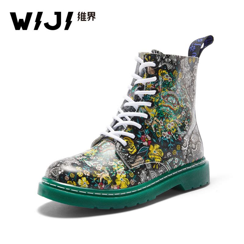 WIJI靴子女英伦风真皮新款粗跟时尚休闲鞋潮流百搭系带个性马丁靴图片
