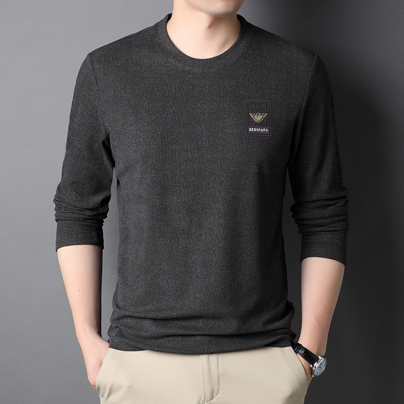春秋新款时尚休闲男士圆领长袖t恤中年薄款针织t恤男装宽松打底