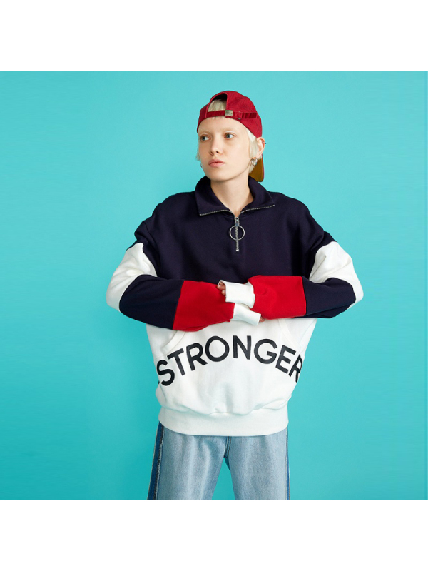 初语男女同款拼接卫衣女装立领拉链宽松字母印花上衣