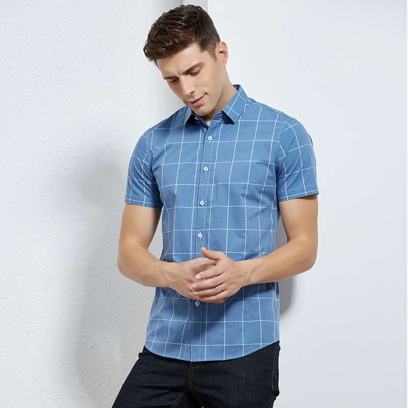 tries才子男装夏季新款短袖休闲衬衫经典格子条纹衬衣男潮