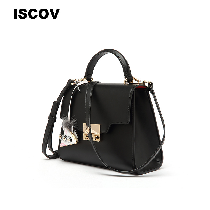ISCOV时尚挂饰真皮手提包女 翻盖金属扣单肩斜挎包