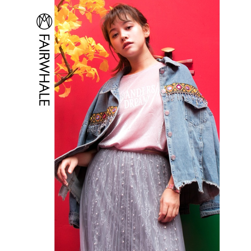 马克华菲女装2019春新款长袖流苏西装领夹克牛仔外套