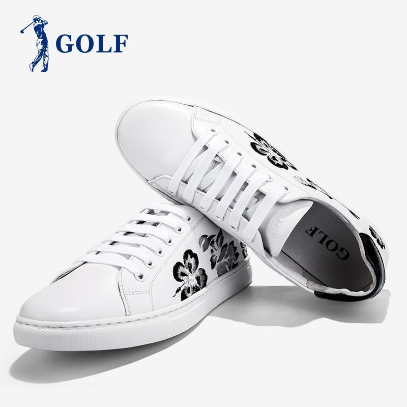 GOLF男鞋板鞋男春季新款简约时尚休闲鞋韩版耐磨系带刺绣真皮鞋子