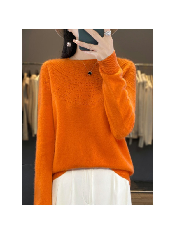 秋冬新款针织衫女卷边圆领一线成衣镂空套头毛衣女显瘦无缝打底衫