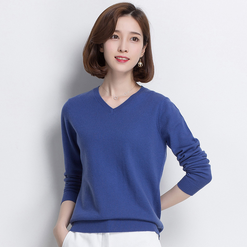 恒源祥羊毛衫女v领2019秋冬新款套头针织衫百搭修身打底毛衣女