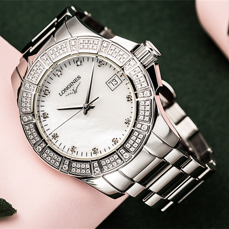 浪琴longines瑞士女表运动系列时尚精钢镶钻珍珠贝母盘35mml32800877