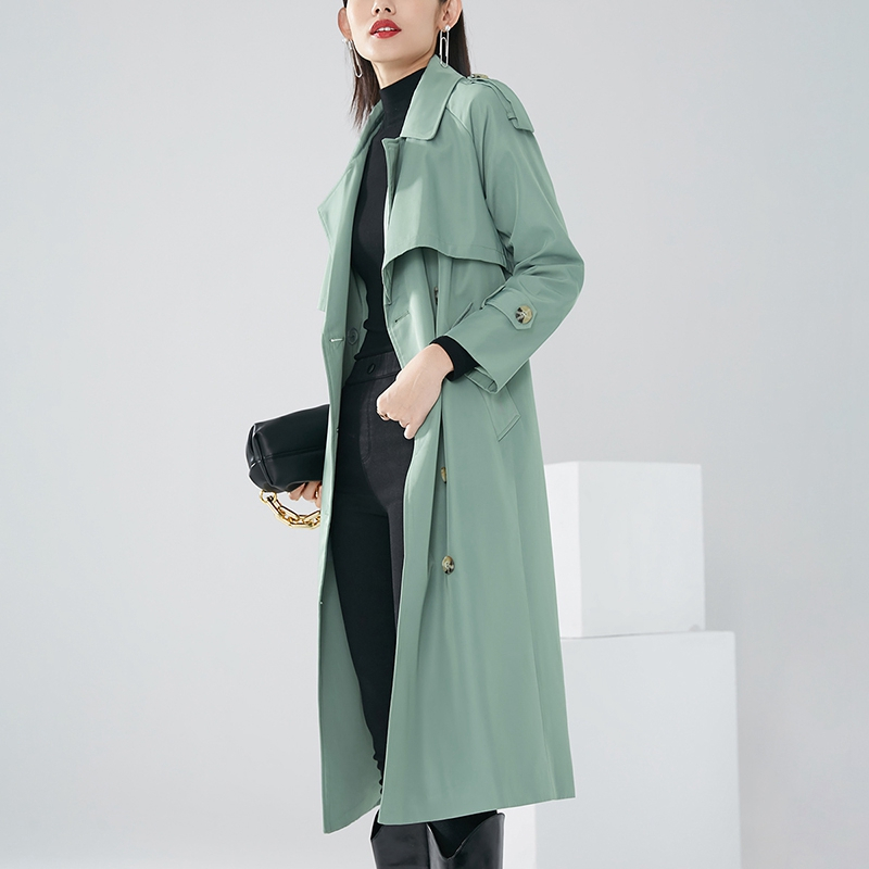 晚白2021春季新品时尚纯色百搭翻领长袖修身显瘦长款风衣外套女