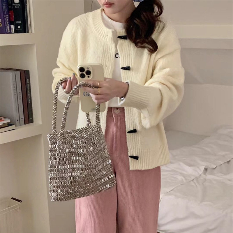 绿色牛角扣针织开衫女秋冬季新款宽松复古高级感加厚软糯毛衣外套