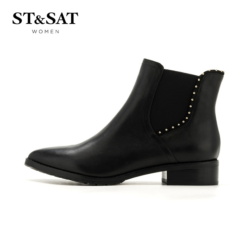 St&Sat/星期六冬新款切尔西短靴女牛皮尖头铆钉女靴子SS64117071