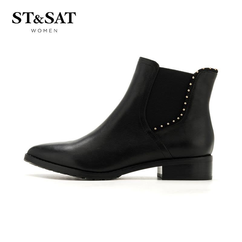 St&Sat/星期六冬新款切尔西短靴女牛皮尖头铆钉女靴子SS64117071图片