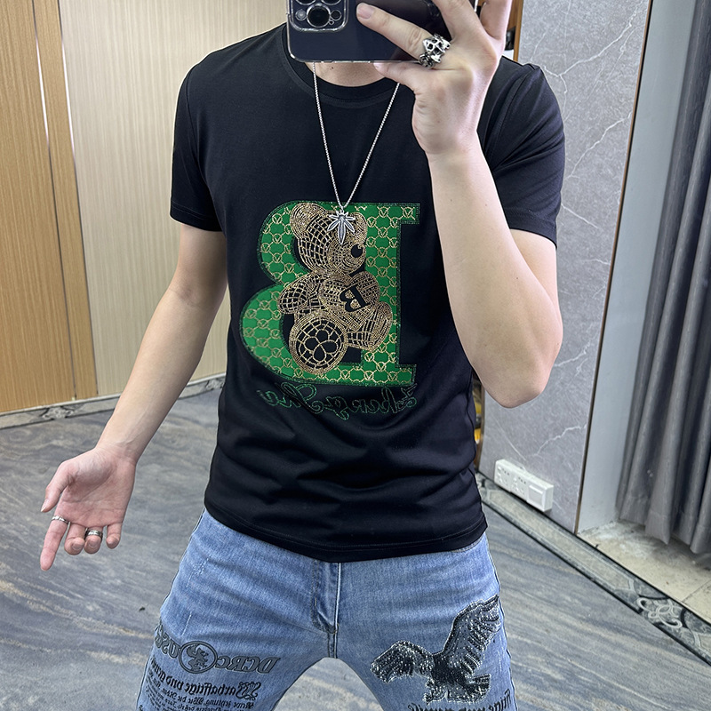夏季新款男士短袖T恤卡通烫钻小熊圆领半袖衫丝光棉体恤时尚