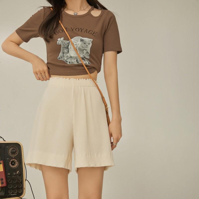 OtherMix日系褶皱休闲裤女2021年夏季新款高腰时尚薄款阔腿短裤子