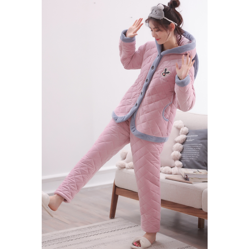 贝贝绒素色带帽夹棉女套装