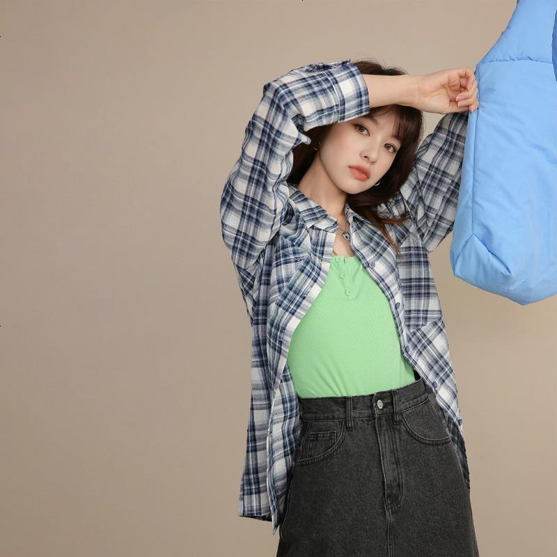 OtherMix蓝色格子衬衫2021年新款衬衣女设计感小众长袖春季上衣潮