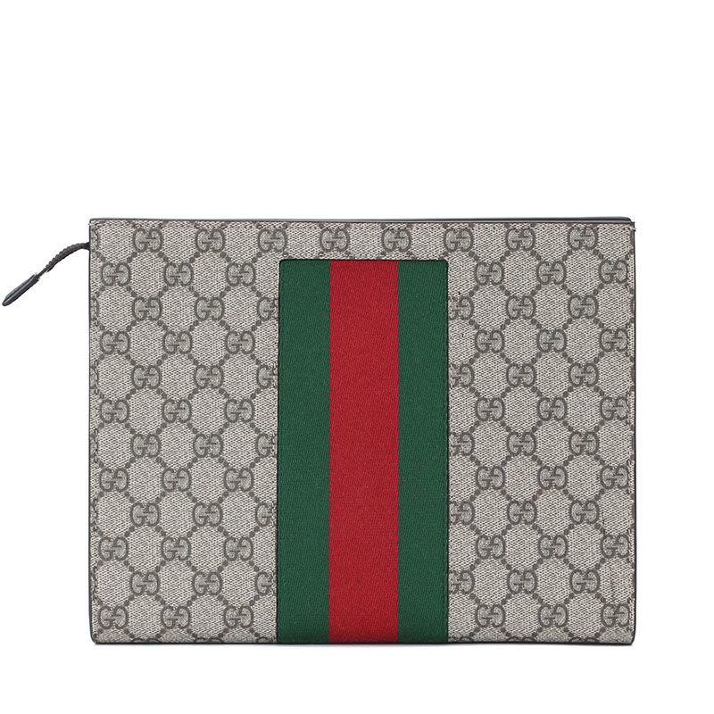 【预定】GUCCI 条纹织带GG涂层手拿包 26*20*6CM图片