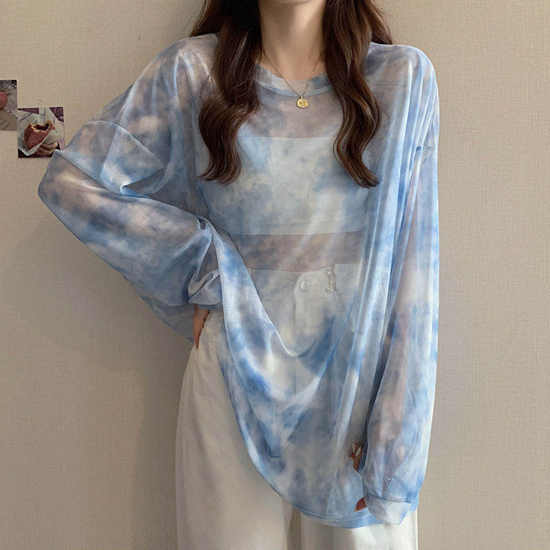 扎染网纱防晒上衣女夏宽松冰丝薄款透视长袖T恤女装罩衫衣服