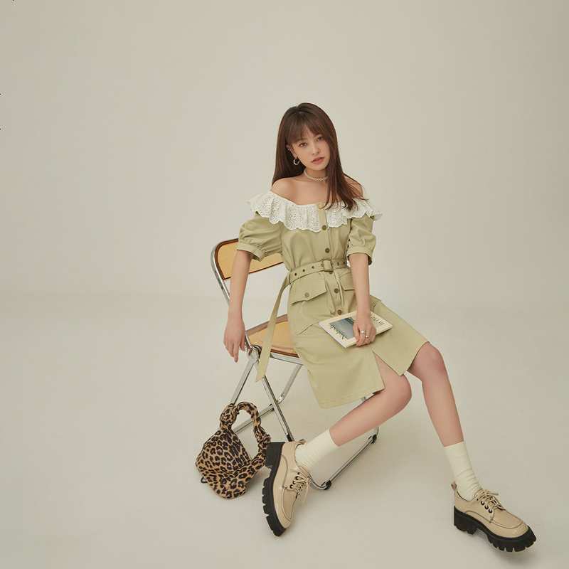 OtherMix蕾丝方领连衣裙2021年夏季新款潮流工装收腰泡泡袖裙子女