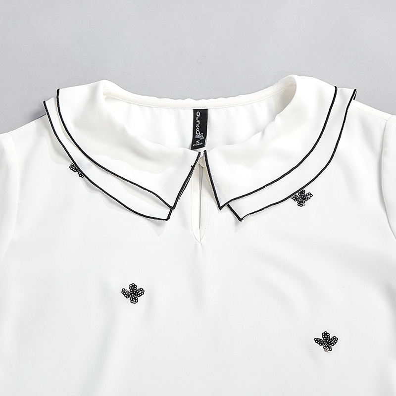 欧昵雪夏季撞色翻领飞飞袖直筒雪纺衫女珠片绣短袖上衣